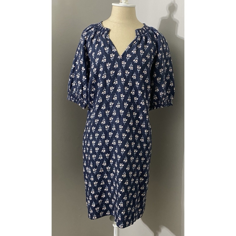 NWT Garnet‎ Hill Women's 100% Linen Floral Shift Dress Size 10 Navy Puff Sleeve - Picture 2 of 9